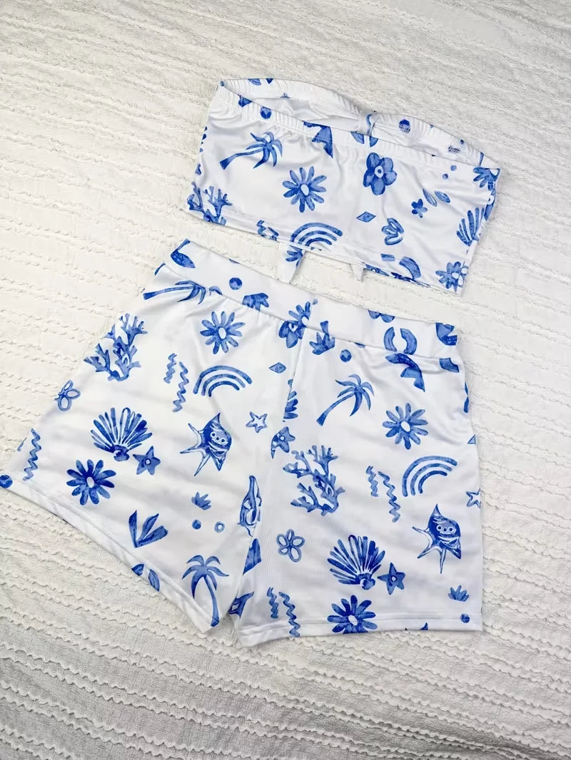 Women's summer casual beach vacation style twisted front top and shorts two-piece set