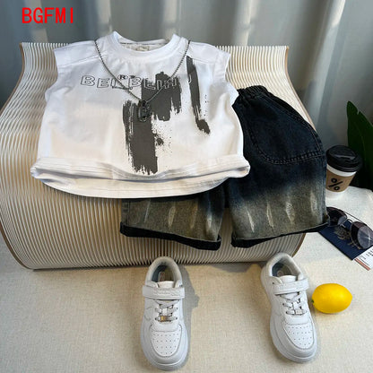 Hot Sale Fashion Baby Boy Suit Summer Clothes Short Sleeve T-shirt Short Jeans 2 Piece Set Kids Outfit 2-11Y Children's Costume