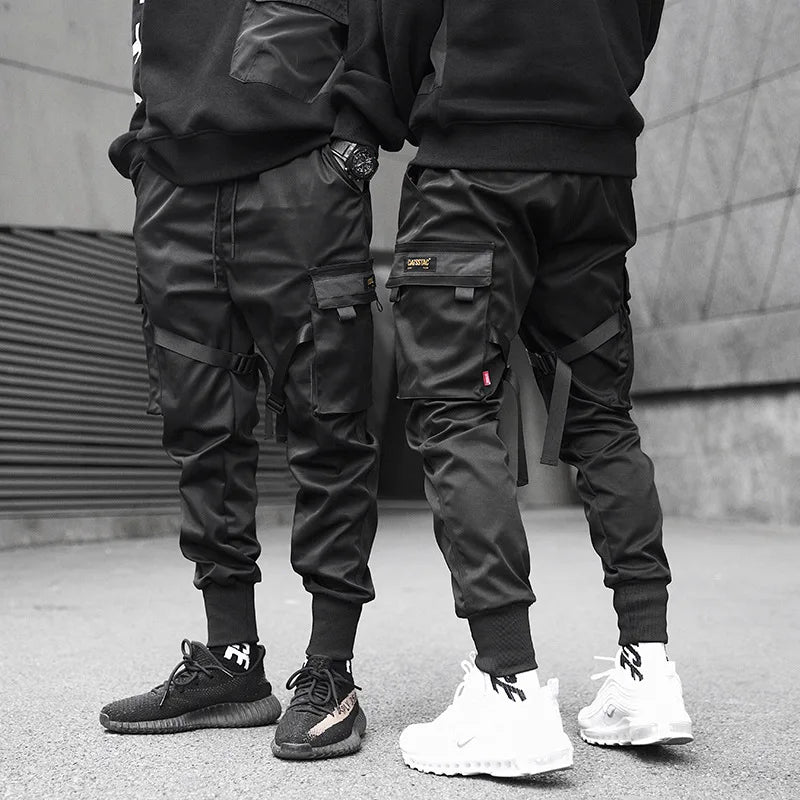 Men's multi pocket ribbed bandage work pants, jogging pants, sports pants, fashionable streetwear, trendy hip-hop loose pants