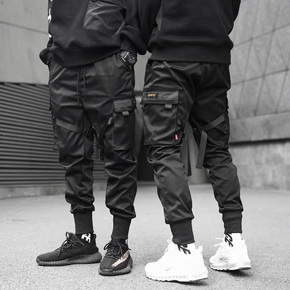 Men's multi pocket ribbed bandage work pants, jogging pants, sports pants, fashionable streetwear, trendy hip-hop loose pants