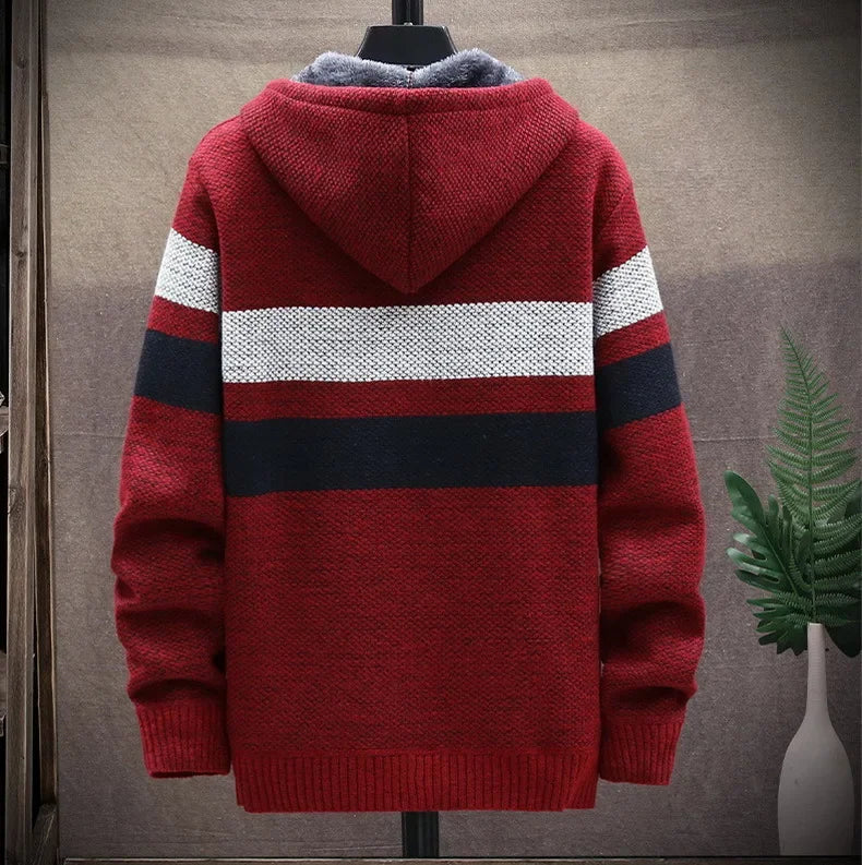 Striped Mens Sweater Coat Thick Fleece Warm Zipper Wool Hooded Cardigan Jumpers Men Long Sleeve Knitted Sweaters Suit Jackets