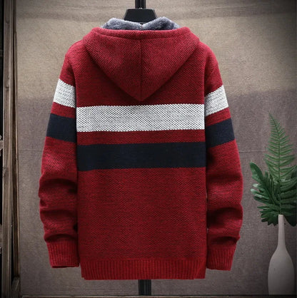 Striped Mens Sweater Coat Thick Fleece Warm Zipper Wool Hooded Cardigan Jumpers Men Long Sleeve Knitted Sweaters Suit Jackets