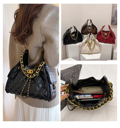 Quilted shoulder underarm bag, large-capacity hobo bag, bucket drawstring chain crossbody bag, women's handbag