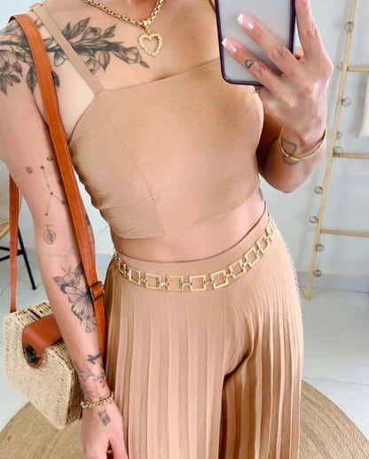 Fashion and Versatile Pleated Camisole Top and Loose Wide Leg Pants Set for Women's Summer Sexy Slim Fit Pants 2-Piece Set