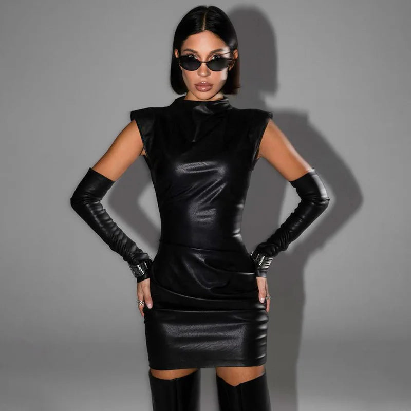 Talenza Women's Leather Vest Dress Sexy PU Leather Vest Short Dress Solid Gloves Pleated Sleeveless Street Y2k Party Club Dress