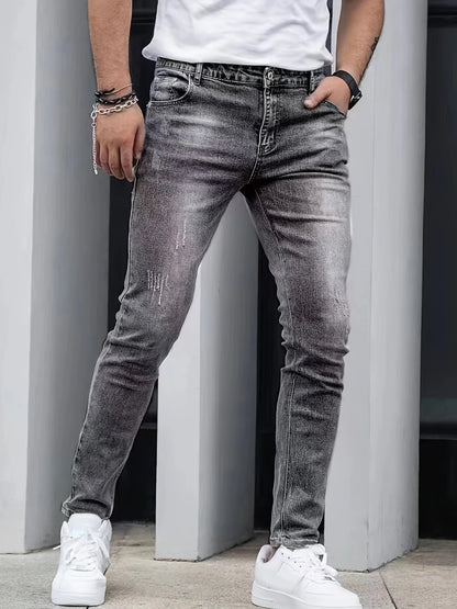 Autumn New Men's Stretch Jeans European American Fashion Casual Vintage Washing Feet Elasticity Denim Trousers Male