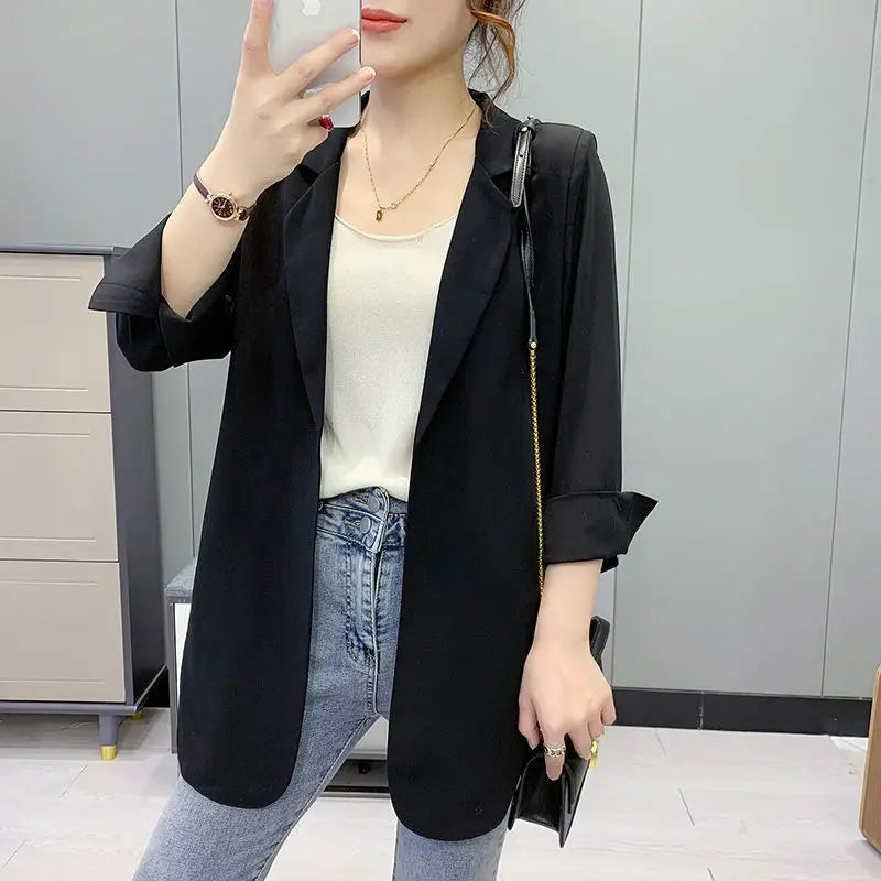 Women Blazer Jacket Cardigan Summer Suit Coat Three Quarter Sleeve Turn Down Collar Office Lady Open Stitch Outerwear 2025