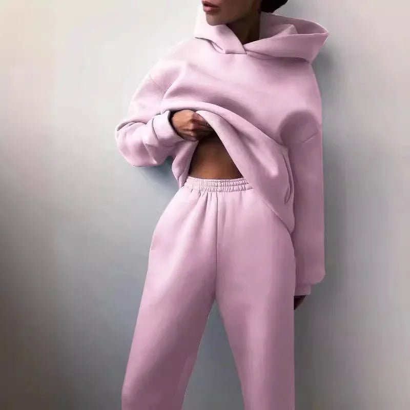 Two Piece Pant Sets Women Solid Thick Sweatshirts Hooded Full Sleeve Elastic Waist Spliced Long Pants Pockets Casual Suits