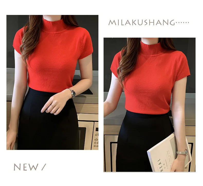 2024 Blusas Mujer De Moda Spring Summer New Solid Slim Turtleneck Blouse Women Clothing Korean Knitted Women Casual