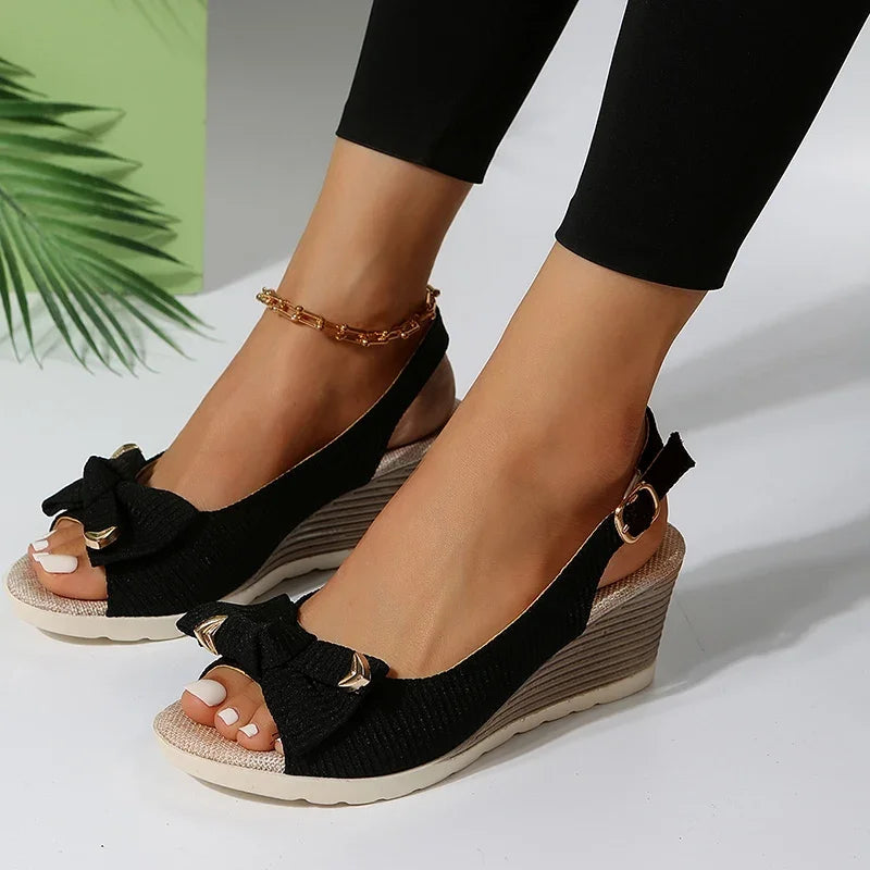 Fashion Bow Knot Thick Bottom Sandals Women Back Strap Wedge Open Toe Sandal Female New Office Ladies Anti-Slip Sandalias Mujer