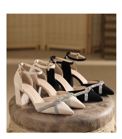 Size 30-44 Chunky Heel Hollow Point Toe High Heels Women Shoes Solid Color Ankle Strap Rhinestone Black Heels