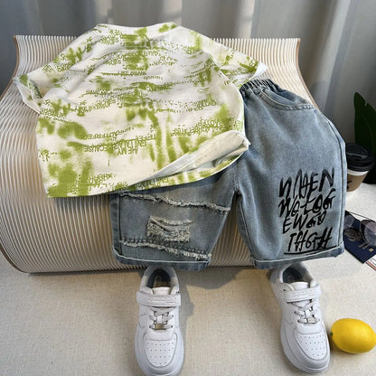 Hot Sale Fashion Baby Boy Suit Summer Clothes Short Sleeve T-shirt Short Jeans 2 Piece Set Kids Outfit 2-11Y Children's Costume