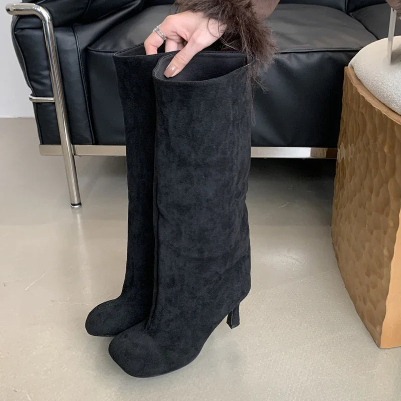 Aneikeh Large Size 41  42 Winter Street Style Round Toe Knee-High Women Boots Punk Thin High Heels Shoes Female Long Booties
