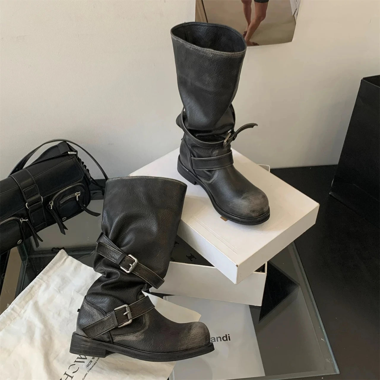 Women's Long Boots Fashion Dress Flats Shoes for Woman Designer Winter Motorcycle Boots 2025 Goth Chelsea Botas De Mujer Shoes