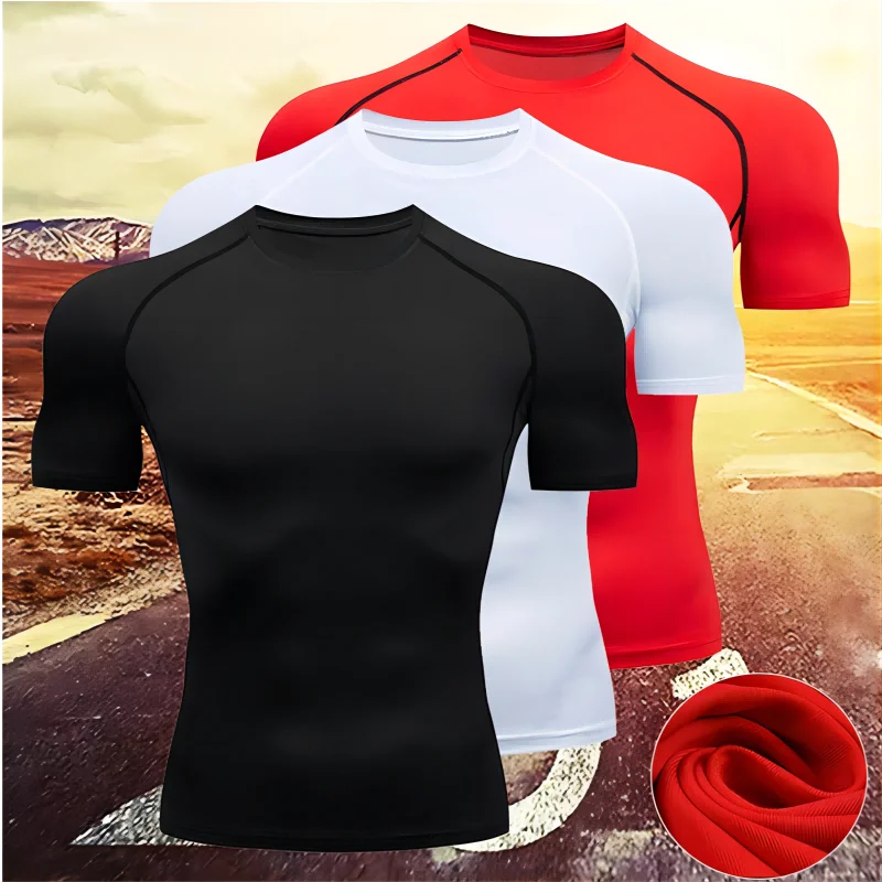 Men's compression running T-shirt fitness tight short sleeved T-shirt training jogging shirt gym sportswear quick drying
