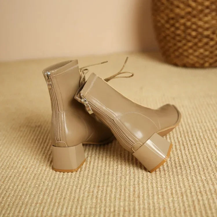 Winter High Heel Women's Ankle Boots  Fashion Lace Up Short Boots Women's Thick High Heel Side Zipper Botas De Mujer 2024