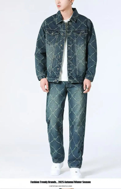 High Street Denim Sets Men's Jacquard Ragged Loose Casual Retro Washed Denim Shirt Style Jacket Jeans Pants