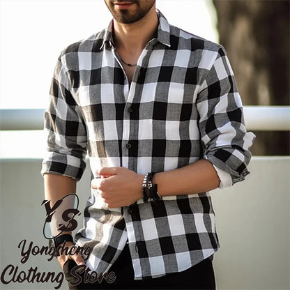 Men's long-sleeved shirt printed shirt plaid casual comfortable handsome commuter large size men's clothing XS-6XL