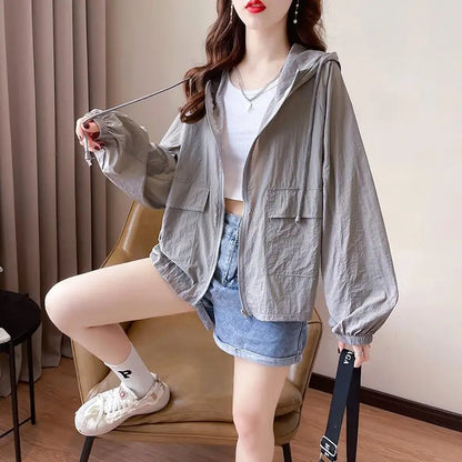 （Summer4）Women Sun Protection Clothing UV Protection Summer Loose Fit Hooded Zippered Thin And Casual