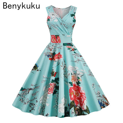 Floral Print 1950s 60s Vintage Women Dress Elegant Summer Robe Ladies Sleeveless V Neck A Line Swing Rockabilly Dresses 2025