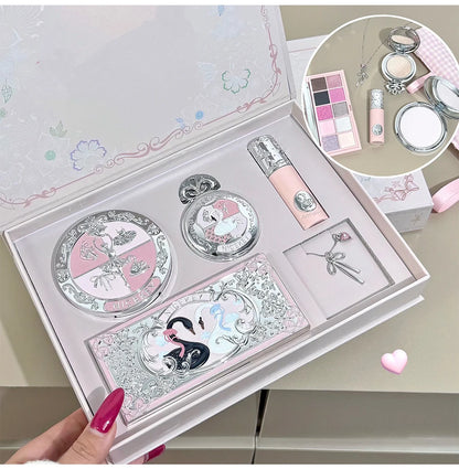 NICEKEY Pink Ballet Makeup Box Include 1*Lip mud,1*Pressed Powder,1*Highlight Powder,1*Eyeshadow Palette Powder With Necklace