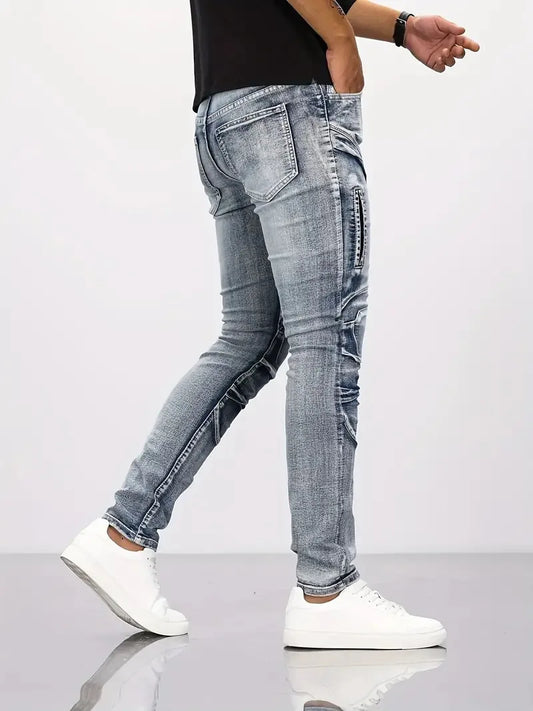 New Distressed Men Jeans Denim Holes Skinny Vintage Wash Solid Pencil Pants 2024 Ankle Length Sheath Punk Style Pockets Slim