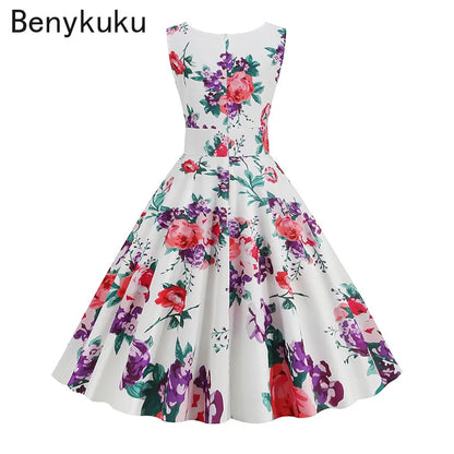Floral Print 1950s 60s Vintage Women Dress Elegant Summer Robe Ladies Sleeveless V Neck A Line Swing Rockabilly Dresses 2025