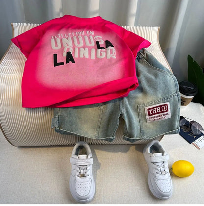 Hot Sale Fashion Baby Boy Suit Summer Clothes Short Sleeve T-shirt Short Jeans 2 Piece Set Kids Outfit 2-11Y Children's Costume