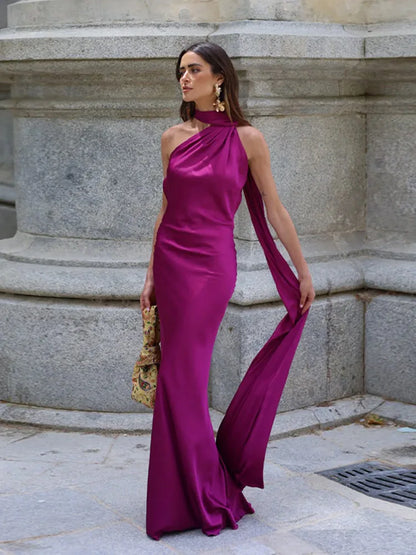 Ribbon Satin Long Party Dress Women Elegant Solid Sleeveless Female Backless Dresses 2026 Summer Autumn Lady Evening Club Gowns