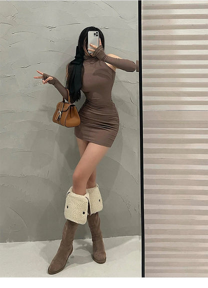 2025 New Women's Mini Dress Sleeveless Pleated Skinny Dress High Neck Lace Up Autumn Black Tight Elastic Party Tank Dresses