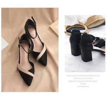 Women's Classic Beige Square Heel Pointed Shoes for Party Ladies Spring Summer Black Buckle PU Leather Profession Pumps