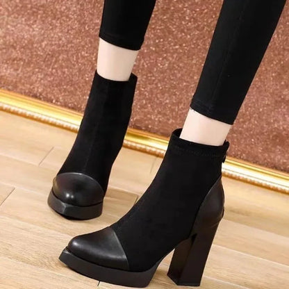 European and American Pointed Short Boots 2023 Winter New Short Tube High Heels Splicing Style Fashion Boots Zapatos De Mujer