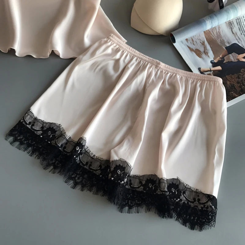 Women Pajama Suit Fashion V-Neck Stretch Satin Babydoll Lace Sexy Lingerie Pyjamas Sleep Shorts Set Sleepwear New