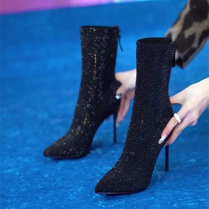 Fall New Thin Heel Single Boots Women's Fashion Pointy Sequin Back Zipper Temperament High Heel Ankle Boots