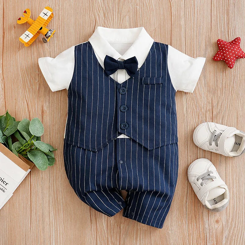 Newborn baby summer gentleman's short-sleeved cotton soft and comfortable one-piece suit Newborn baby summer gentleman's short-s