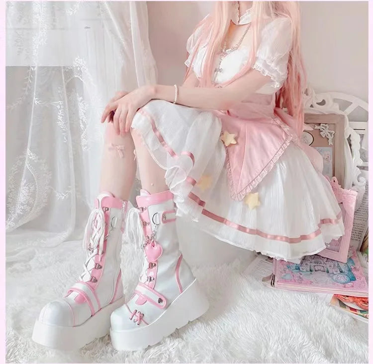 New Gothic Platform Shoes Women's Boots Vampire Role Play Womens Mid-calf Boots Lace Up Wedges Punk Style Botines Para Mujeres