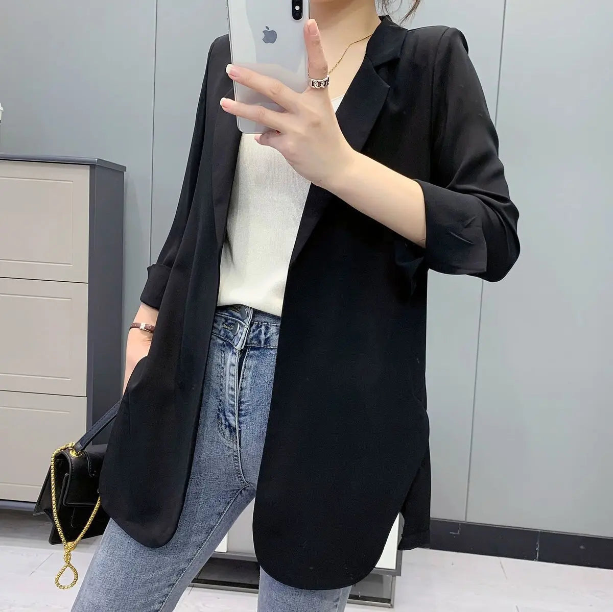 Women Blazer Jacket Cardigan Summer Suit Coat Three Quarter Sleeve Turn Down Collar Office Lady Open Stitch Outerwear 2025