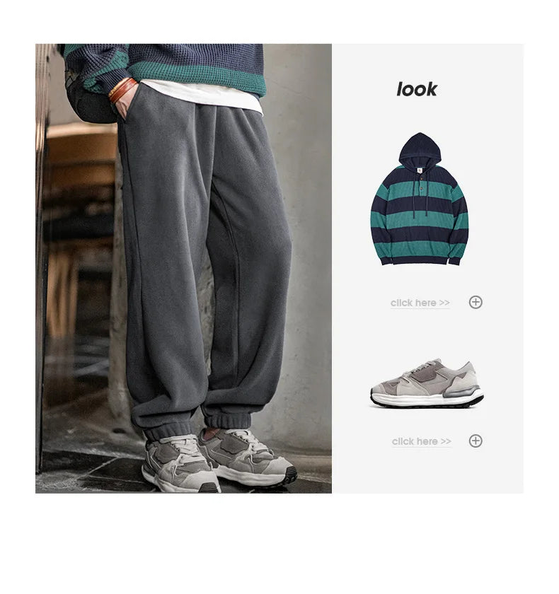 Maden Men's Casual Solid Color Polar Fleece Cuffed Sweatpants Elastic Waist Fleece-lined Pants Warm Sports Straight-leg Trousers