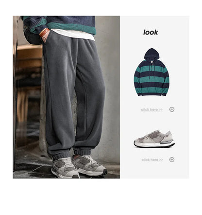 Maden Men's Casual Solid Color Polar Fleece Cuffed Sweatpants Elastic Waist Fleece-lined Pants Warm Sports Straight-leg Trousers