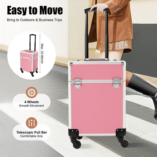 Rolling Makeup Train Case,Cosmetic Trolley with Keys,Hairdressing Travel Case,Large Capacity Trolley Makeup Box,Pink/Black