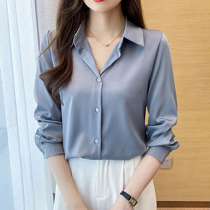 Fashion elegant satin shirts solid color ladies shirts causal Women's Blouses Spring Long Sleeve Shirts Tops Blusas Mujer
