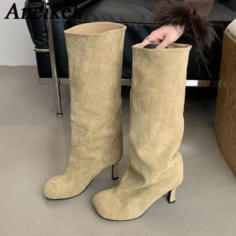 Aneikeh Large Size 41  42 Winter Street Style Round Toe Knee-High Women Boots Punk Thin High Heels Shoes Female Long Booties