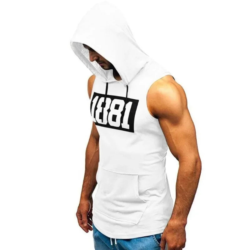 Men's Hooded Tank Tops Gym Workout Training Hoodies Sleeveless Bodybuildng Muscle Cut Off T-Shirt with Pocket