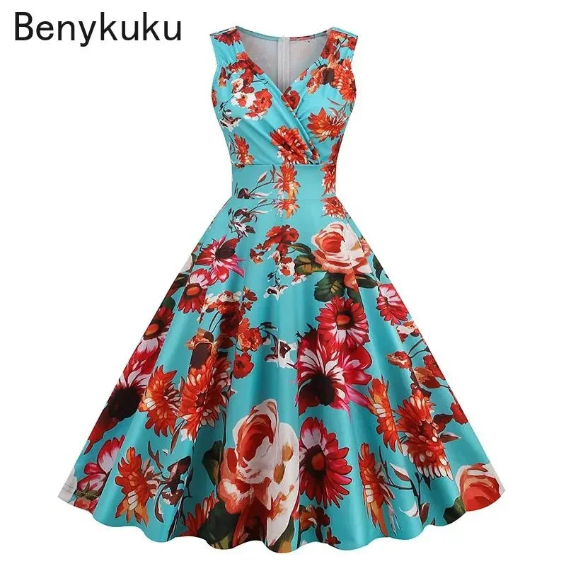 Floral Print 1950s 60s Vintage Women Dress Elegant Summer Robe Ladies Sleeveless V Neck A Line Swing Rockabilly Dresses 2025
