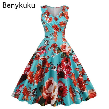 Floral Print 1950s 60s Vintage Women Dress Elegant Summer Robe Ladies Sleeveless V Neck A Line Swing Rockabilly Dresses 2025