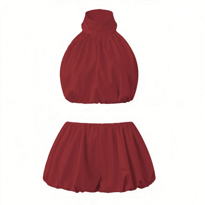 Women y2k Vintage Short Skirts Sets Solid/Dots Sleeveless Backless Halter Neck Crop Tops with Bubble Skirts Vacation Outfits