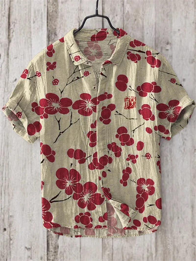 Men's linen short sleeved shirt, summer Chinese retro casual shirt