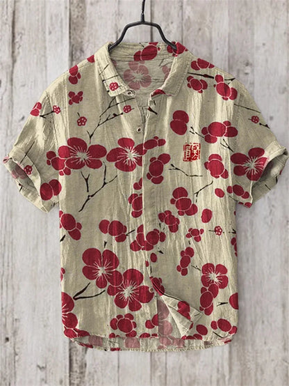 Men's linen short sleeved shirt, summer Chinese retro casual shirt