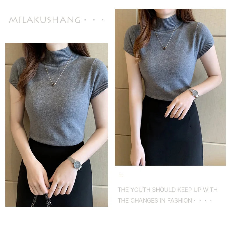 2024 Blusas Mujer De Moda Spring Summer New Solid Slim Turtleneck Blouse Women Clothing Korean Knitted Women Casual