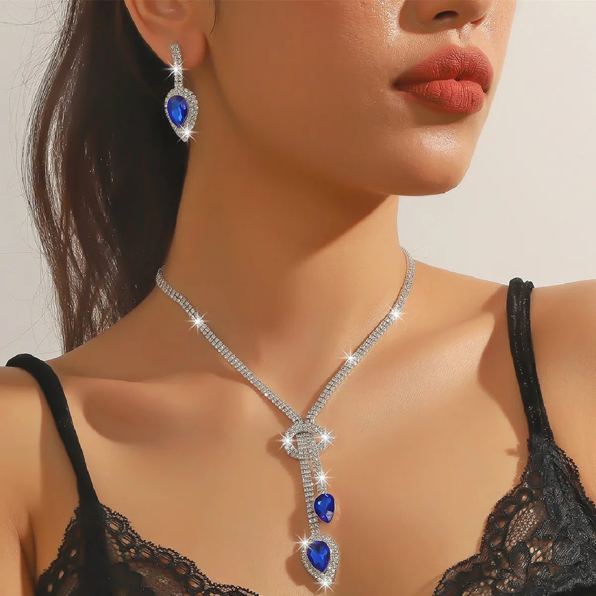 FYUAN Women's Crystal Jewelry Set Sapphire Blue Silver Color Water Drop Necklace Earrings Wedding Party Festival Wear